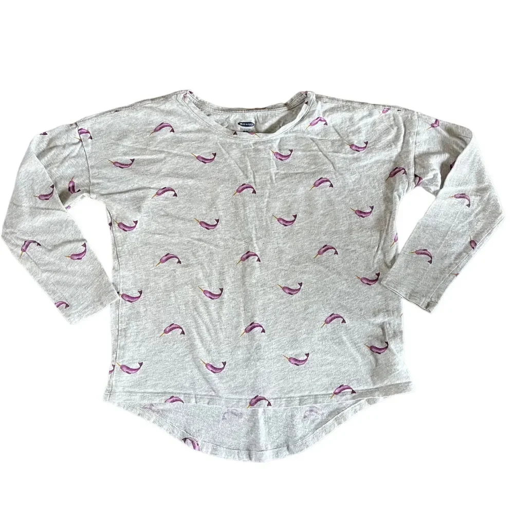 Old Navy Girls T Shirt Top Narwhal Long Sleeve Pullover Gray Purple Medium